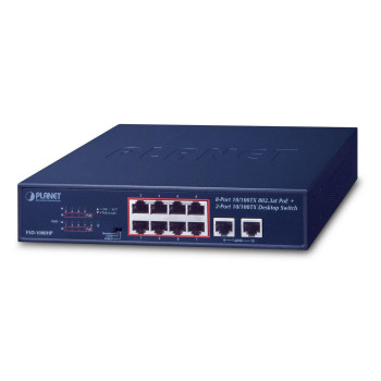 Planet 8-Port 10/100TX 802.3at PoE + 2-Port 10/100TX Desktop Switch (120W PoE Budget, Standard/VLAN/Extend mode, fanless, 10-inc