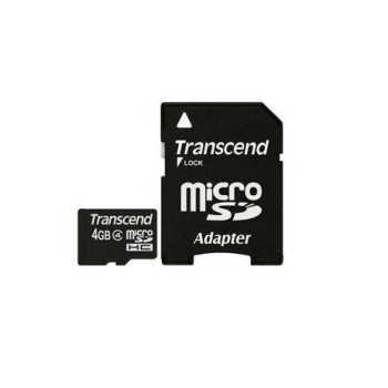 Transcend MicroSD Card SDHC 4GB+Adapter 4 GB microSDHC, 4 GB, MicroSDHC, Class 4, 4 MB/s, Black