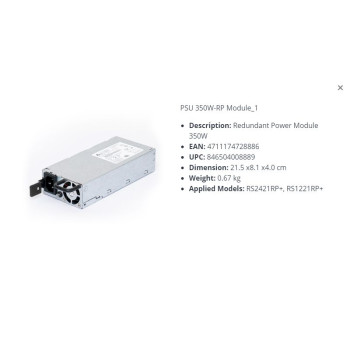 Synology Redundant Power Module 350W - For Applied Models: RS2421RP+, RS1221RP+