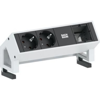 Bachmann DESK2 - 2xSchuko & 1xEmpty Power strip - ALU - L: 197mm w/Child protection - White painted RAL 9010 - incl. Mounted hol