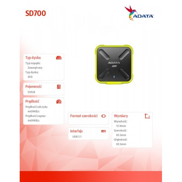 SSD External SD700 512G USB3.1 Durable Żółty