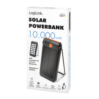 Logilink Solar Powerbank 10000 mAh 2x USB-A QC 1x USB-C PD
