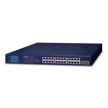 Planet 24-Port 10/100/1000T 802.3at PoE + 2-P 1000SX SFP Gigabi Switch with smart color LCD (300W PoE Budget, Standard/VLAN/Exte