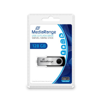 MediaRange 8GB MediaRange USB 2.0 Micro MR913, 128 GB, USB Type-A, 2.0, 10 MB/s, Swivel, Black,Silver