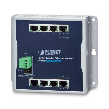 Planet IP30 8-P Gigabit Wall-mount Switch (-10 to 60 C), dual redundant power input on 12-48VDC terminal block and power jack