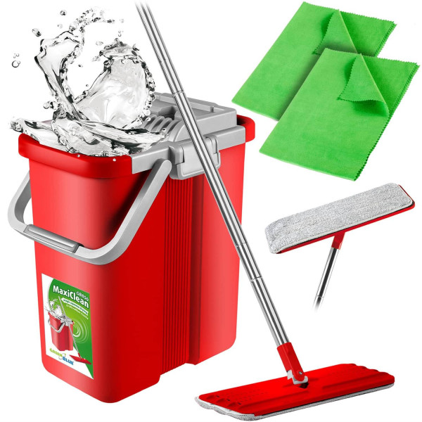 Mop płaski z wiadrem i wyciskaczem GreenBlue, dwa wkłady microfibra HQ, pojemność 8L, MaxiClean, + 2 ścierki z mikrofibry GB850S Mop płaski z wiadrem i wyciskaczem GreenBlue, dwa wkłady microfibra HQ, pojemność 8L, MaxiClean, + 2 ścierki z mikrofibry GB850S