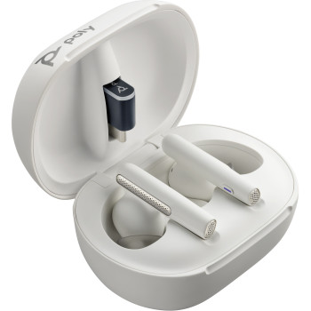 POLY Słuchawki douszne Voyager Free 60+ UC w kolorze białego piasku + adapter USB-C BT700 + etui z ładowarką i ekranem dotykowym