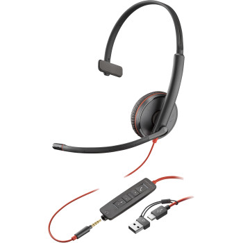 POLY Jednouszny zestaw słuchawkowy Blackwire 3215 USB-C + wtyczka 3,5 mm + przejściówka USB-C A