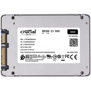 SSD CRUCIAL MX500 500GB SATA 3.0 TLC Write speed 510 MBytes/sec Read speed 560 MBytes/sec 2,5" MTBF 1800000 hours CT500MX500SSD1