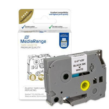 MediaRange Plastic Tape Cassette, For Label Printers Using Brother Tz-231/Tze-231, Permanent Adhesive, 12Mm, 8M, Laminated, Blac