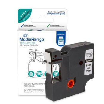 MediaRange Plastic Tape Cassette, For Label Printers Using Dymo D1/45013/S0720530, Permanent Adhesive, 12Mm, 7M, Laminated, Blac