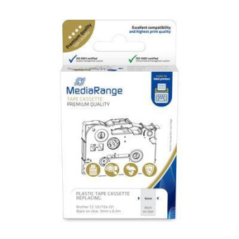 MediaRange Plastic Tape Cassette, For Label Printers Using Brother Tz-121/Tze-121, Permanent Adhesive, 9Mm, 8M, Laminated, Black