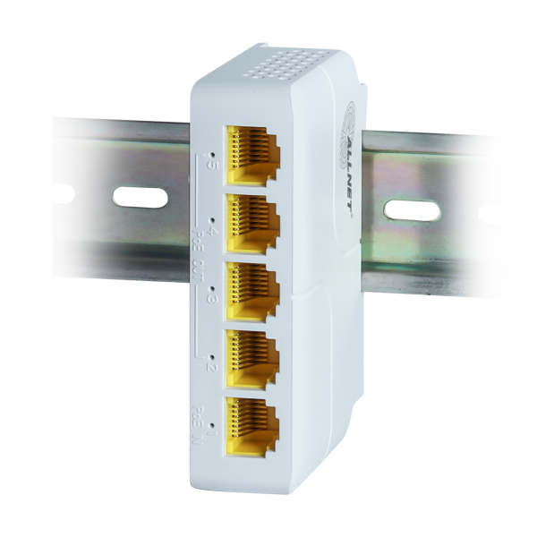 ALLNET Switch unmanaged 5 Port - 5x GbE - PoE Budget 85W - 1x bt out, 3x PoE af/at out, 1xPoE bt 90W in - Fanless, DIN, PD-Input ALLNET Switch unmanaged 5 Port - 5x GbE - PoE Budget 85W - 1x bt out, 3x PoE af/at out, 1xPoE bt 90W in - Fanless, DIN, PD-Input