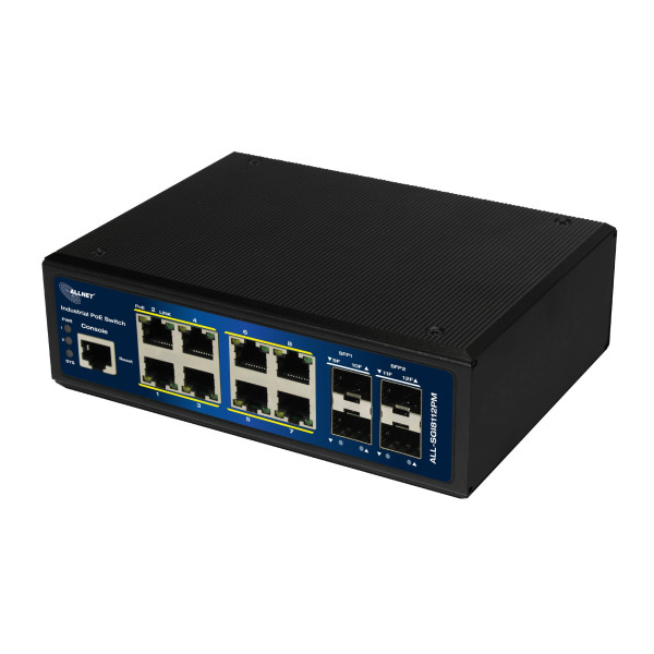 ALLNET Switch industrial full managed Layer2+ 12 Port GbE ? PoE Budget 240W ? 8x PoE at ? 4x SFP ? Fanless ? DIN ? JSON API ? AL ALLNET Switch industrial full managed Layer2+ 12 Port GbE ? PoE Budget 240W ? 8x PoE at ? 4x SFP ? Fanless ? DIN ? JSON API ? AL