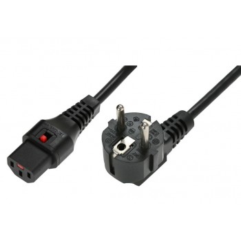 Kabel połączeniowy zasilający blokada IEC LOCK 3x1mm2 Schuko kątowy/C13 prosty M/Ż 2m czarny