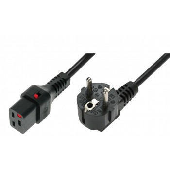 Kabel połączeniowy zasilający blokada IEC LOCK 3x1,5mm2 Schuko kątowy/C19 prosty M/Ż 2m Czarny