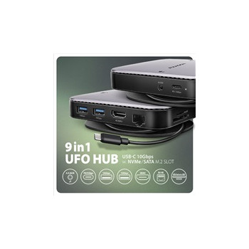 AXAGON HMC-UFO, USB 10Gbps hub, 2x USB-A, USB-C, HDMI 4k/60, RJ-45, M.2 slot, SD/mSD, audio, PD 100W, kabel USB-C 65cm