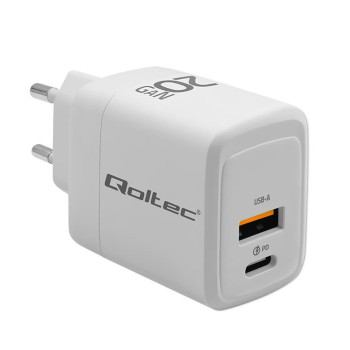 Ładowarka sieciowa Qoltec 20W GaN 5-20V 1.5-3A 1xUSB-C PD 1xUSB QC 3.0 Biała