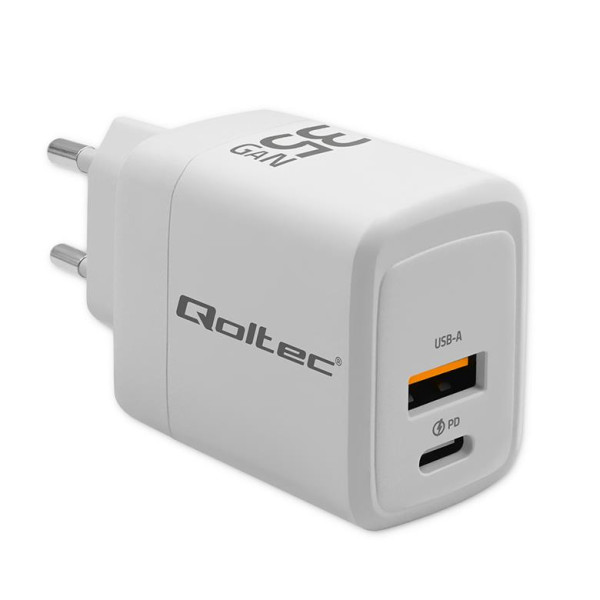 Ładowarka sieciowa Qoltec 35W GaN 5-20V 1.5-3A 1xUSB-C PD 1xUSB QC 3.0 Biała Ładowarka sieciowa Qoltec 35W GaN 5-20V 1.5-3A 1xUSB-C PD 1xUSB QC 3.0 Biała