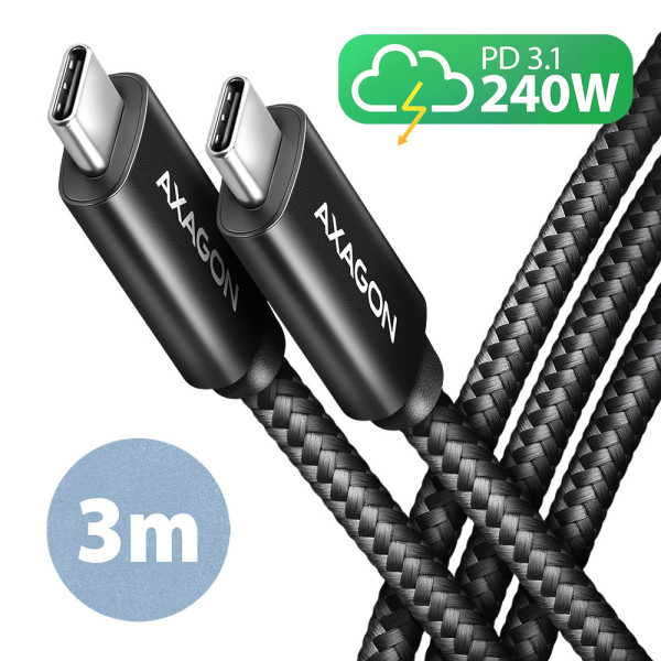 Axagon BUCM2-CM30AB Ladekabel USB-C zu USB-C 2.0, 3 m, PD 240 W 5 A, ALU - Schwarz - 3 Meter langes USB-C zu USB-C Kabel - Axagon BUCM2-CM30AB Ladekabel USB-C zu USB-C 2.0, 3 m, PD 240 W 5 A, ALU - Schwarz - 3 Meter langes USB-C zu USB-C Kabel -