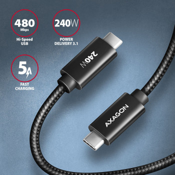 Axagon BUCM2-CM30AB Ladekabel USB-C zu USB-C 2.0, 3 m, PD 240 W 5 A, ALU - Schwarz - 3 Meter langes USB-C zu USB-C Kabel -