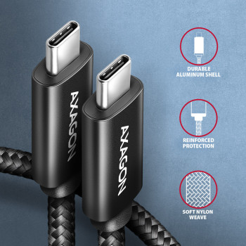 Axagon BUCM2-CM30AB Ladekabel USB-C zu USB-C 2.0, 3 m, PD 240 W 5 A, ALU - Schwarz - 3 Meter langes USB-C zu USB-C Kabel -