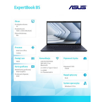 Notebook ExpertBook B5 B5404CMA-Q50339X - Ultra 5 125H/16GB/512GB/14" WUXGA/Win 11 PRO/3YRS