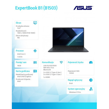 Notebook ExpertBook B1 B1503CVA-S70251X - 5 120U/16GB/512GB/15.6 FHD/Win 11 PRO/3YRS