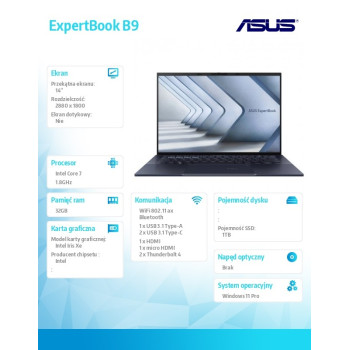 Notebook ExpertBook B9 B9403CVAR-KM0682X - 7 150U/32GB/1TB/14 cali WQXGA+ OLED/Win 11 PRO/3YRS