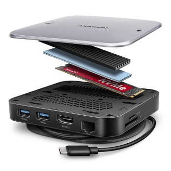 Axagon HMC-UFO USB-C Hub M.2 SATA NVMe 1 Gbit s Ethernet 384 kHz Audio Przewodowa USB 3.2 Gen 2 (3.1 Gen 2) Type-C Czarny