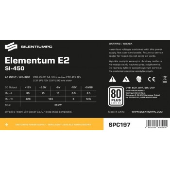 Zasilacz Elementum E2 SI 450W (80+ EU, 1xPEG, 120mm)