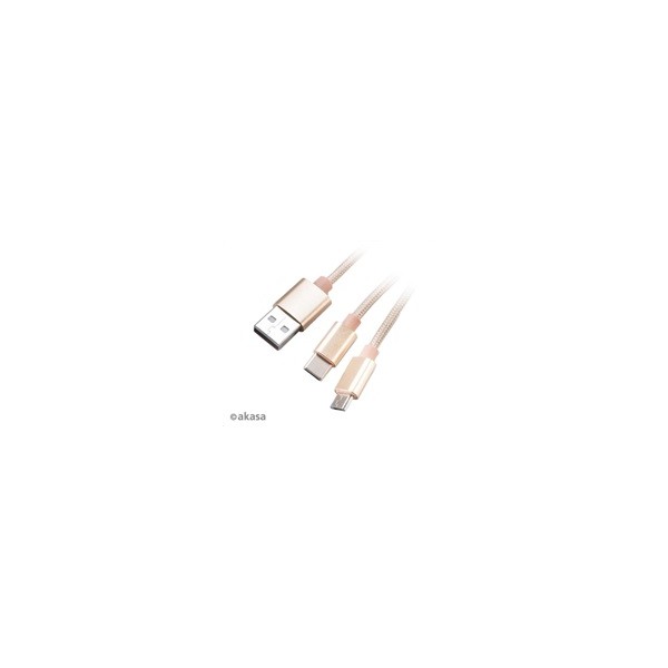 AKASA kabel 2v1 USB Type-A na Micro-B a USB Type-C, 120cm, zlatý AKASA kabel 2v1 USB Type-A na Micro-B a USB Type-C, 120cm, zlatý