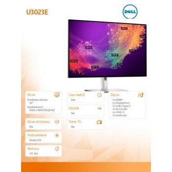 Monitor U3023E 30 cali IPS LED WQXGA (2560x1600)/16:10/HDMI/2xDP/3xUSB-C/4xUSB 3.2/RJ-45/3Y AES&PPE