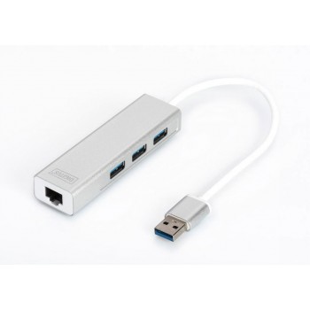 DIGITUS DA-70250-1 HUB/Koncentrator 3-portowy USB 3.0 SuperSpeed z Gigabit LAN, aluminium