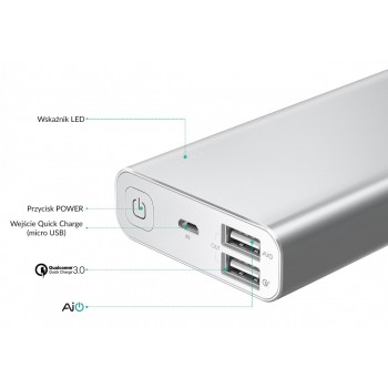 PB-AT10 Grey ultraszybki aluminiowy Power Bank 10050 mAh 3xUSB 5.4A Quick Charge 3.0 kabel micro USB