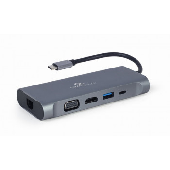 GEMBIRD MULTI ADAPTER USB TYPE-C 7 W 1 (HUB3.0 + HDMI + VGA + PD + CZYTNIK KART + DŹWIĘK STEREO), SZARY