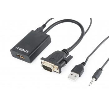 Adapter GEMBIRD A-VGA-HDMI-01 (HDMI F - D-Sub (VGA), Jack stereo 3,5 mm, USB 2.0 M, 0,15m, kolor czarny)