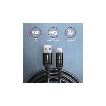 AXAGON BUCM-AM10AB, Kabel HQ USB-C - USB-A, 1 m, USB 2.0, 3A, ALU, oplot, czarny