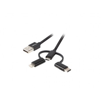 Kabel 3in1 USB-A(M) - USB MICRO(M)+LIGHTNING(M)+USB-C(M) 2.0 1M czarny premium