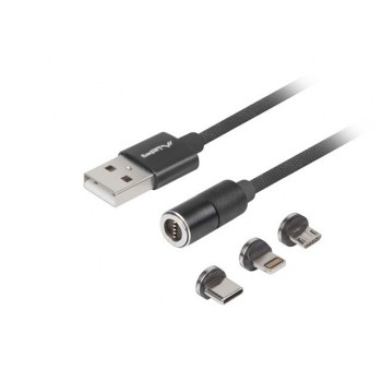 Kabel magnetyczny COMBO USB-A(M) - USB MICRO(M)+LIGHTNING(M)+USB-C(M) 2.0 1m czarny QC 3.0