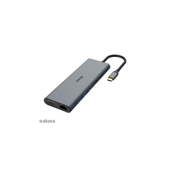 AKASA Dokovací stanice USB-C 14v1, USB-C (power+data), USB 2.0, 2xHDMI, VGA, RJ45, USB 3.2, čtečka karet, 3,5mm jack