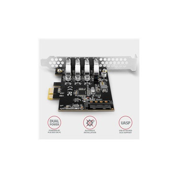 AXAGON PCEU-43RS, kontroler PCIe, 4x port USB 3.2 Gen 1, UASP, zasilanie PCIe lub SATA, SP & LP