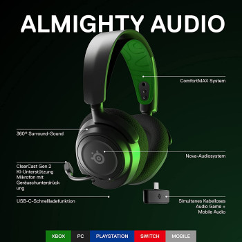 SteelSeries Arctis Nova 7X, gaming headset (black/green, USB-C, Bluetooth)