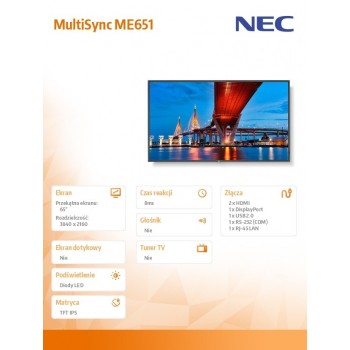 Monitor wielkoformatowy MultiSync ME651 65 cali UHD 400cd/m2 18/7