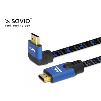 Kabel HDMI-HDMI v2.1, 3m, 8K, kątowy, OFC, Miedź, Złote końcówki, Ethernet/3D CL-148 SAVIO Niebiesko-czarny