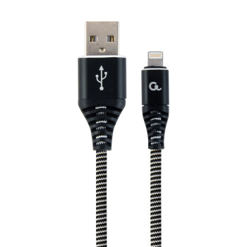 GEMBIRD KABEL PREMIUM USB 2.0 DO 8-PIN (METALOWE WTYKI,OPLOT NYLONOWY) 2M, CZARNO/BIAŁY