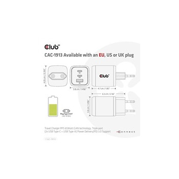 Club3D cestovní nabíječka 65W GAN technologie, 3 porty (2xUSB-C + USB-A), Power Delivery(PD) 3.0 Support