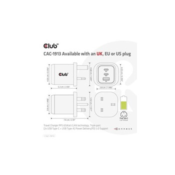 Club3D cestovní nabíječka 65W GAN technologie, 3 porty (2xUSB-C + USB-A), Power Delivery(PD) 3.0 Support