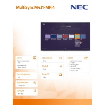 Monitor wielkoformatowy MultiSync M431-Mpi4 43 cale UHD 500cd/m2 24/7