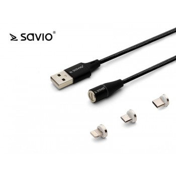 Kabel Magnetyczny USB - USB Typ C, Micro i Lightning 1m, SAVIO CL-152 Czarny
